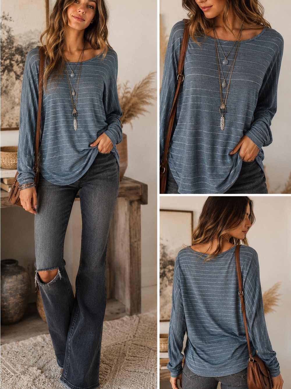 Maurices Heathered Blue Knit Top with Subtle Stripe Texture